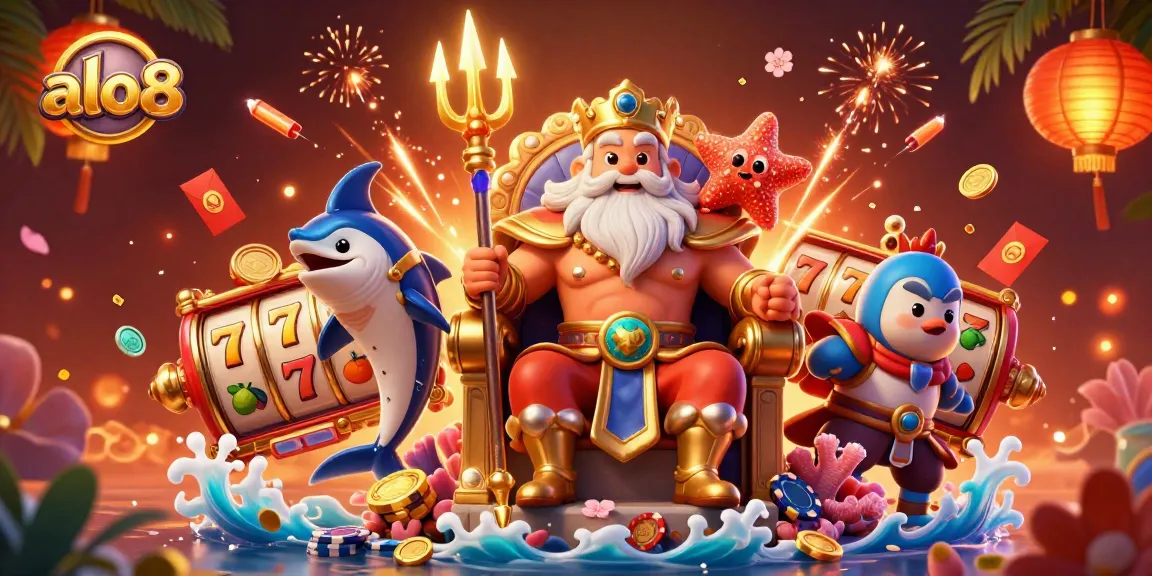 Spin slots with alo8 in a vibrant 3D casino scene featuring Neptune and exciting game elements.