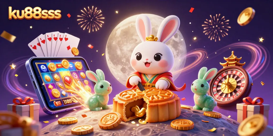 ku88sss showcases a vibrant gaming universe with moon rabbit characters amid casino excitement and slot action
