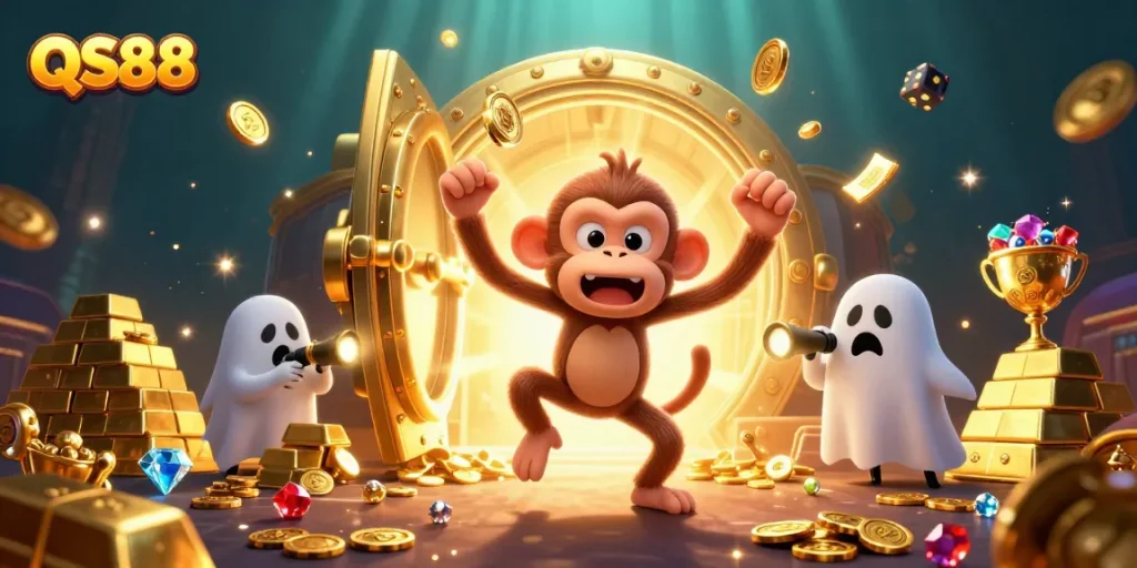 Exciting QS88 scene where a mischievous monkey juggles golden casino elements amidst sparkling treasures.