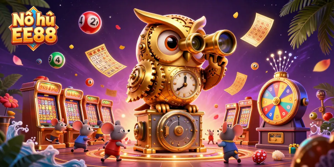 Nổ hũ EE88 showcasing a whimsical scene with a golden owl and lively games of chance.