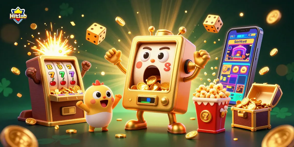 Hitclub's slot machine celebrates a jackpot with coins overflowing, amidst a vibrant casino scene.