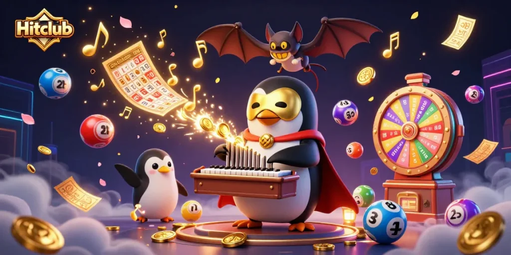 Hitclub casino features a penguin organist surrounded by colorful lottery elements and golden coins.