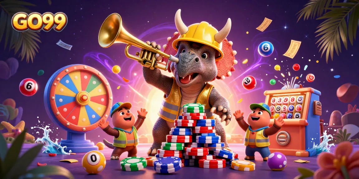 Engage with GO99's vibrant casino world featuring a celebratory triceratops and dynamic gaming elements.