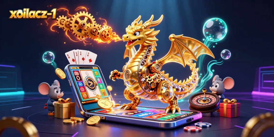 Xoilacz-1 showcases an exciting game scene with a golden dragon and casino elements in vibrant colors.