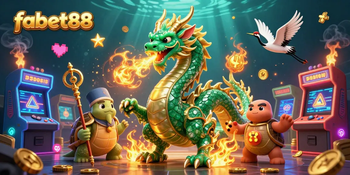 Join fabet88 with a dragon breathing fire, amidst vibrant casino games and rich colors.