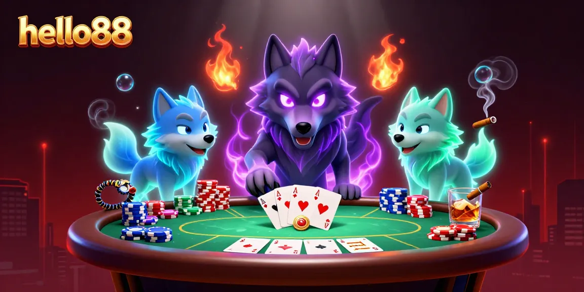 Experience an exhilarating hello88 poker night with ghostly wolves amid vibrant casino elements and glowing effects.