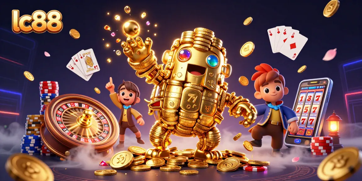 Spin the reels with lc88's captivating golden golem in an immersive casino scene.