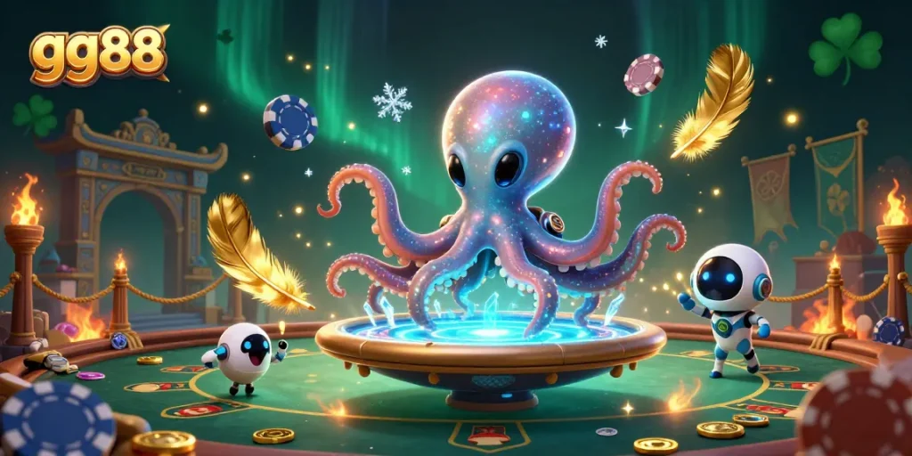 Experience the excitement of gg88 with an alien octopus at a holographic poker table.