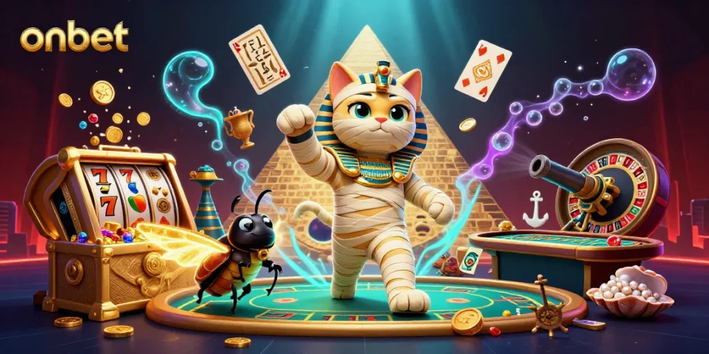 Experience thrilling gaming at onbet with Egyptian mummy cat and glowing scarab amidst dynamic casino elements.