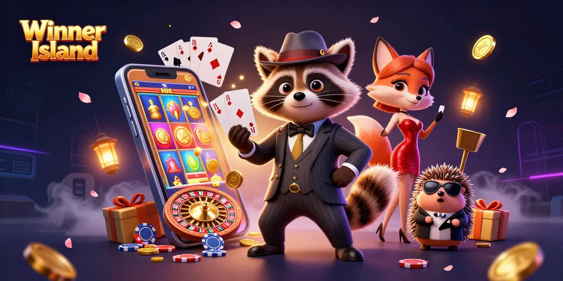 Experience the thrill of Winner Island casino with a charming raccoon, fox lady, and hedgehog amidst vibrant gambling elements.