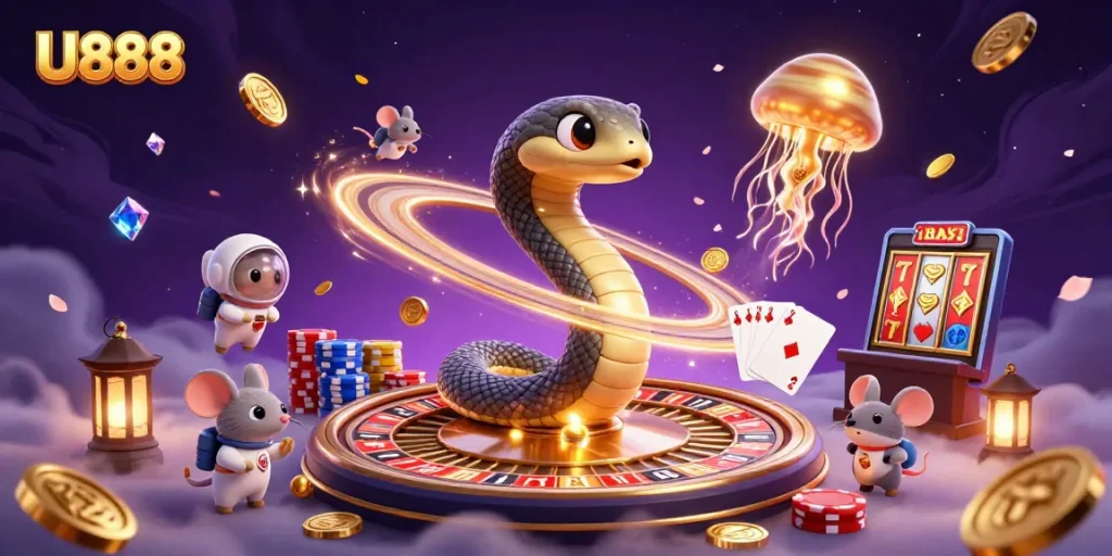 Experience the thrill of U888 as cosmic dealers and astronaut mice engage in high-stakes gambling.