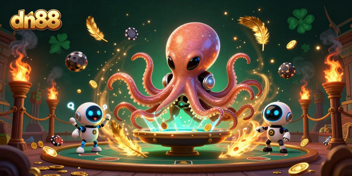 Engage in the thrilling world of dn88 as a space octopus manages a poker game with vibrant cosmic visuals.