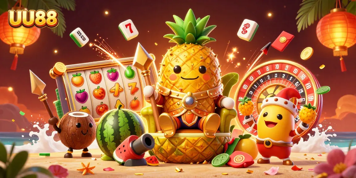 Experience the excitement of UU88 with a vibrant casino scene filled with slot reels and lively characters.