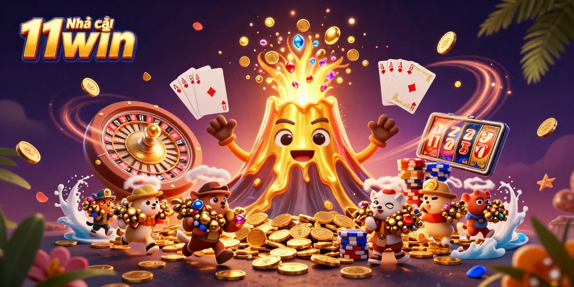 Experience the excitement of Nhà cái 11win with a cartoon volcano erupting treasure amid casino games.