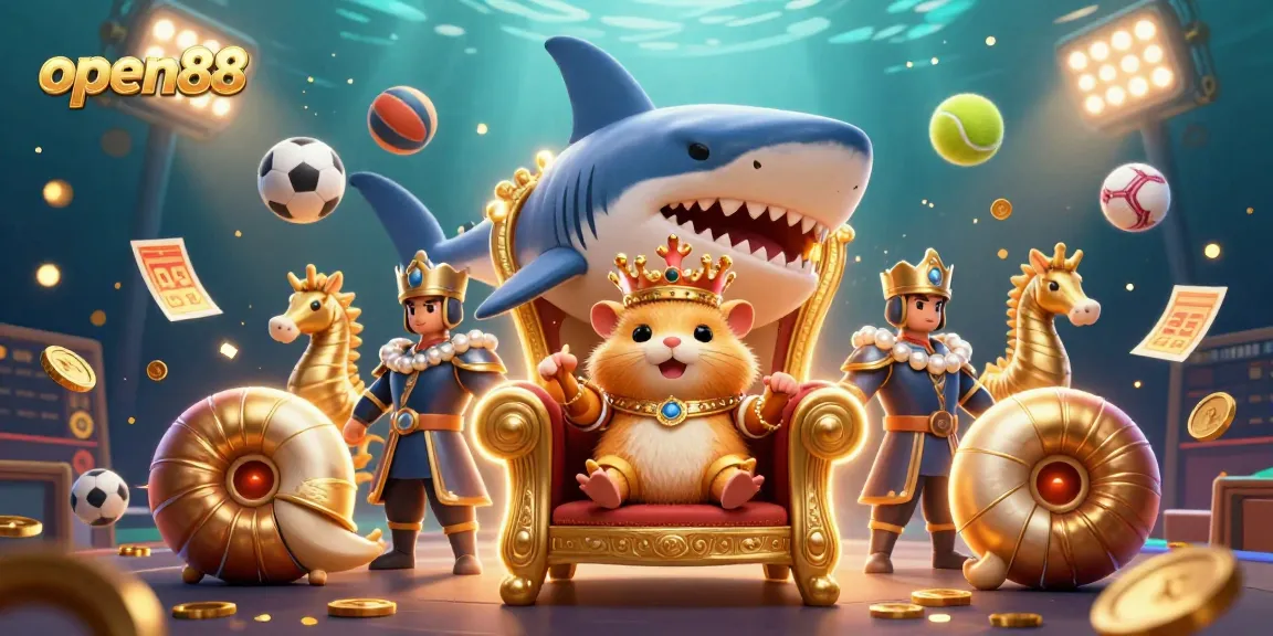 Join the excitement at open88 with a golden hamster king amidst vibrant casino elements.