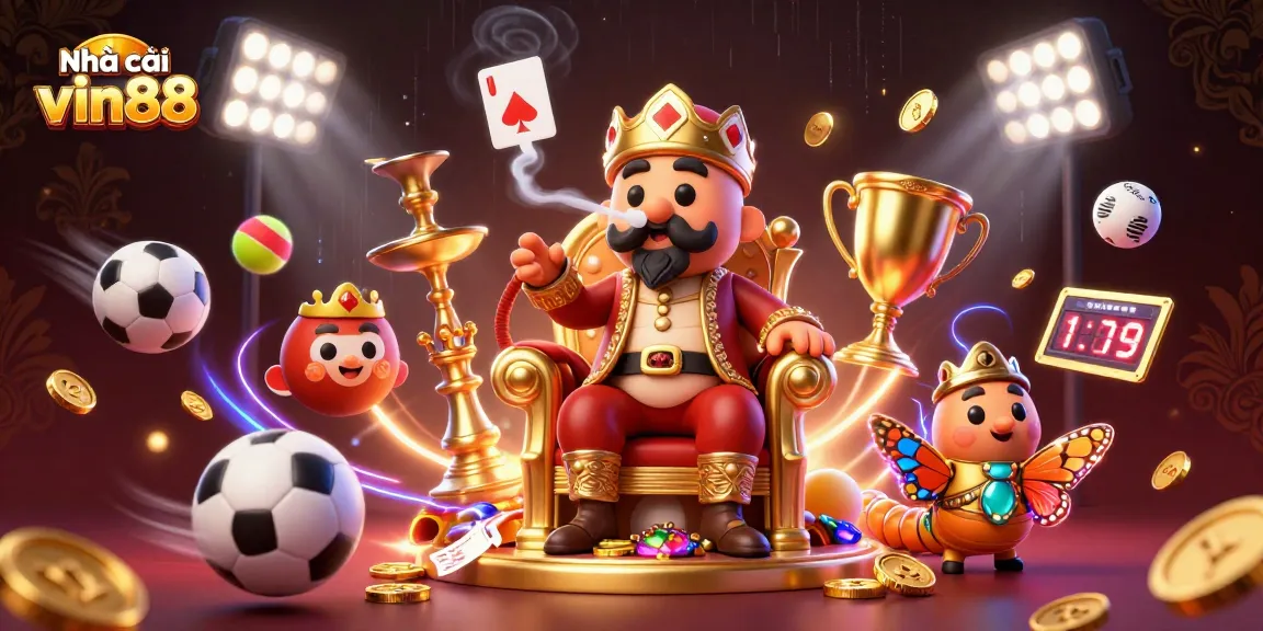 Visualize the `Nhà cái vin88` experience with a dynamic 3D casino illustration showcasing vibrant game elements.
