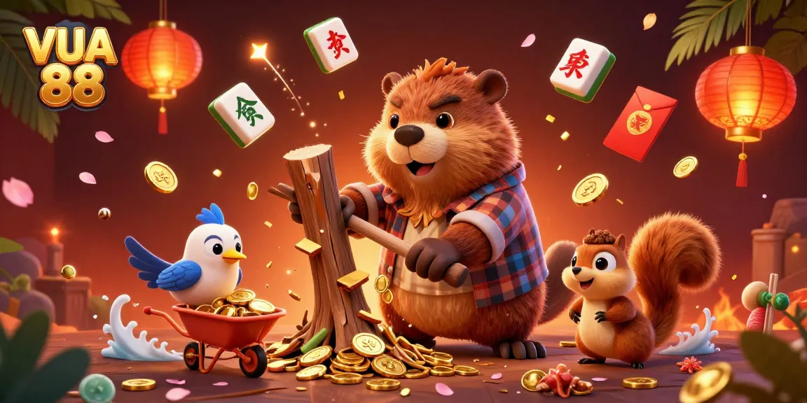 Experience luck and excitement at VUA 88 with a vibrant casino scene filled with animated characters and treasure.