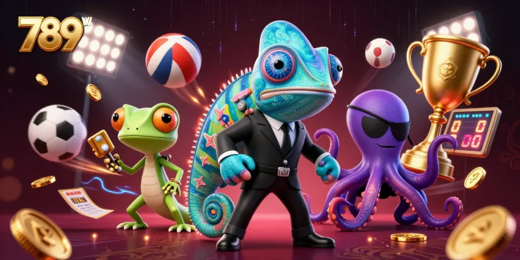 Experience thrilling action at 789win with a colorful 3D illustration of gaming characters and sports elements.