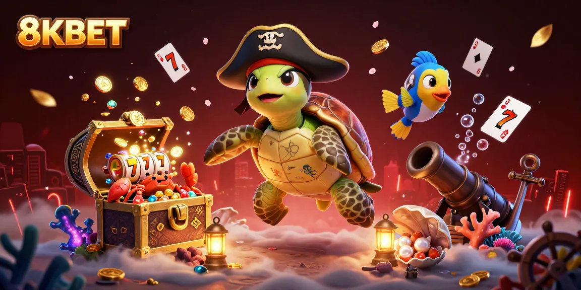 Experience thrilling moments at 8KBET with vibrant gaming elements and characters celebrating above treasure.