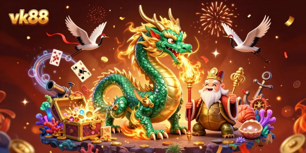 Win big at vk88 with an exciting 3D casino adventure featuring a jade dragon and lucky elements!