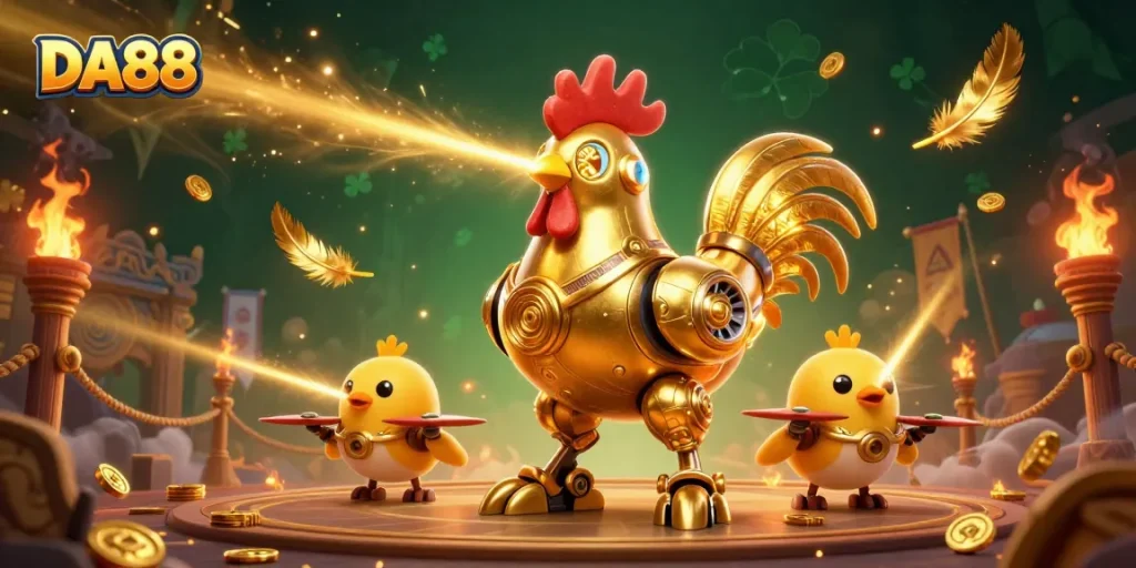 DA88's golden rooster robot engages in casino excitement with vibrant game elements.