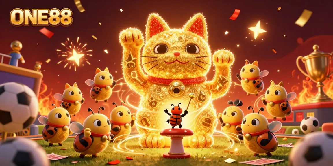 Engage with ONE88's vibrant sports betting experience through a dynamic illustration of a lucky cat and cheerful casino characters.