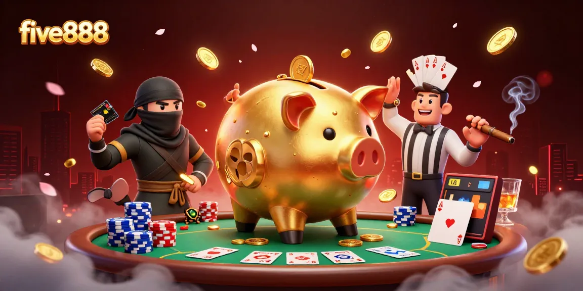 Experience the excitement of five888 with a dynamic poker showdown featuring unique characters and casino elements.