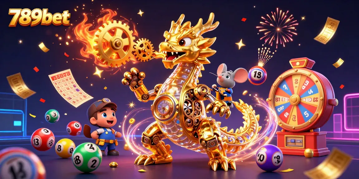 Engage with exciting lottery games at 789bet, featuring vibrant elements and golden dragon.