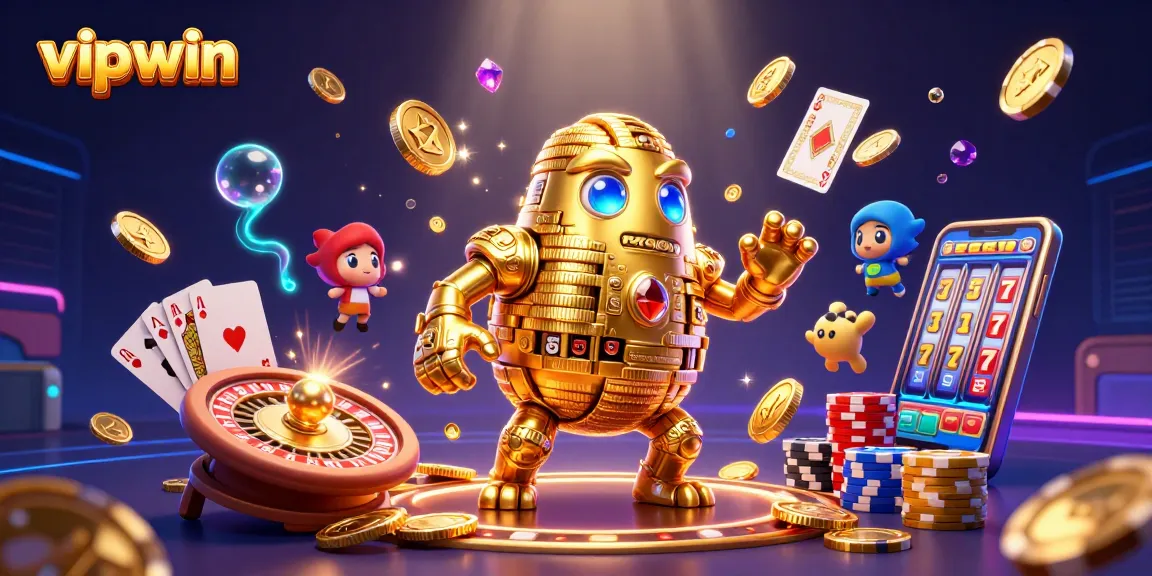 Experience the thrill of vipwin with vibrant 3D illustration of a golden golem amidst casino action.