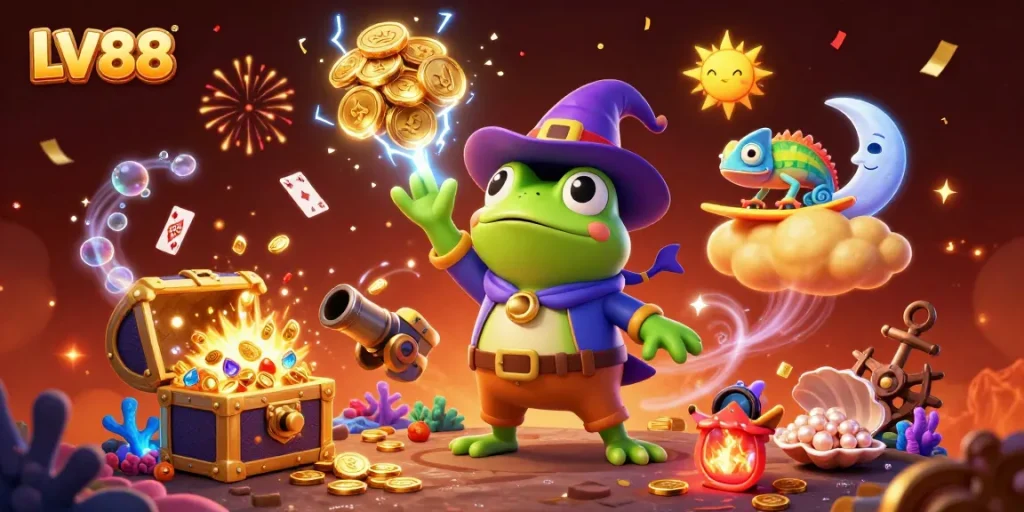 Experience big wins at LV88 with a colorful scene of magical characters amidst overflowing treasures.