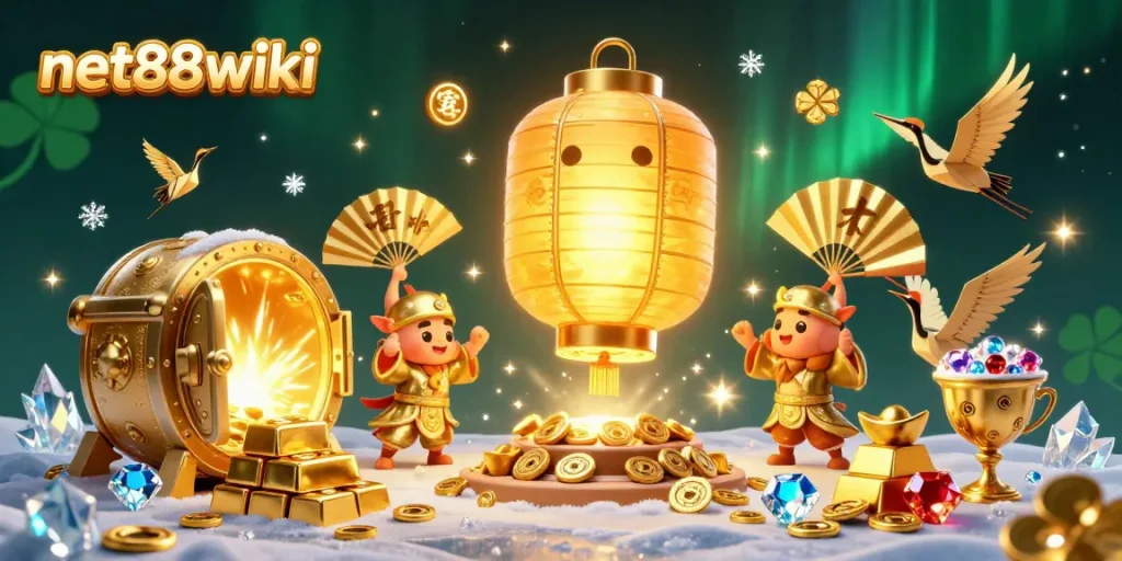 Experience the thrilling magic of net88wiki with a radiant golden lantern spirit surrounded by casino treasures.