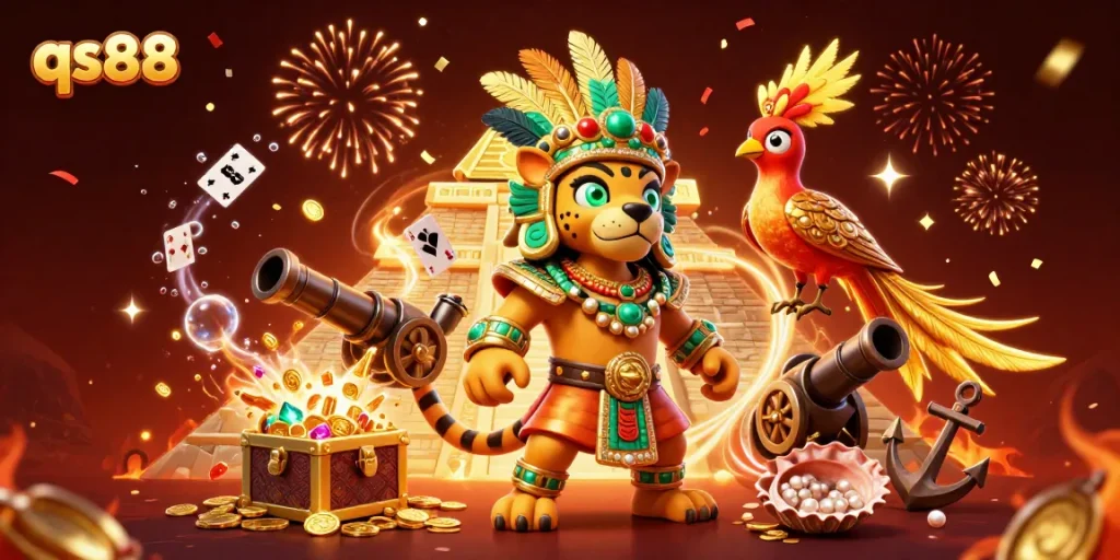 Join the excitement at qs88 with a vibrant 3D Mayan theme, featuring dazzling treasures and casino elements.
