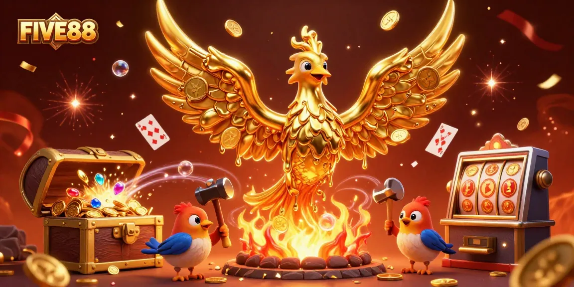 Experience the thrill of FIVE88 with a golden phoenix and dynamic casino elements in a vibrant scene.