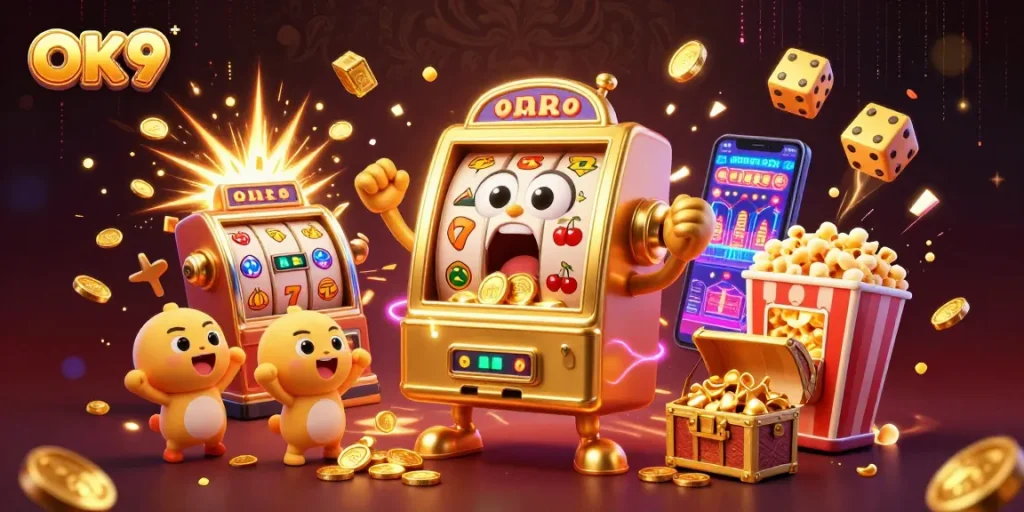 Experience the excitement of OK9 as golden coins pour from a joyous slot machine jackpot, surrounded by vibrant casino elements.