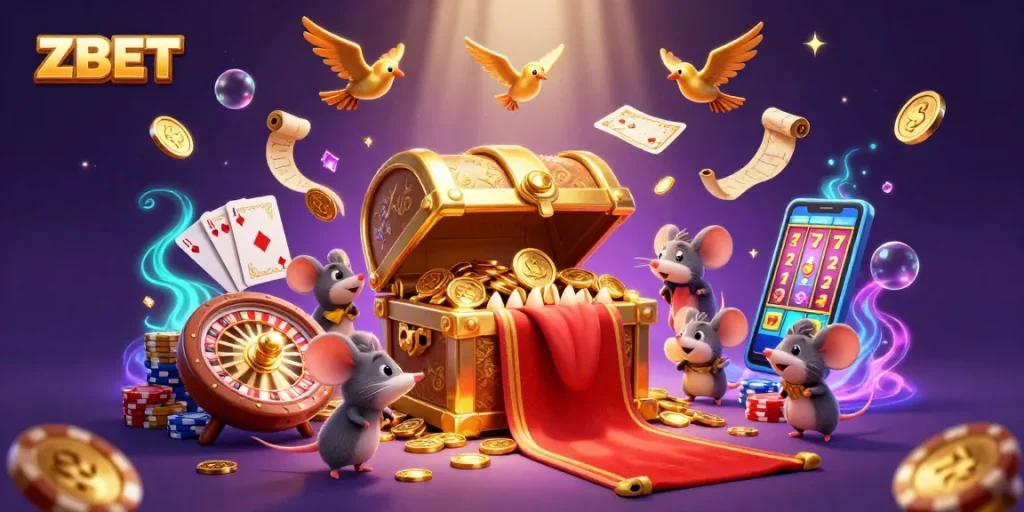 ZBET's vibrant casino enrichment scene with treasure chest, coins, and roulette elements