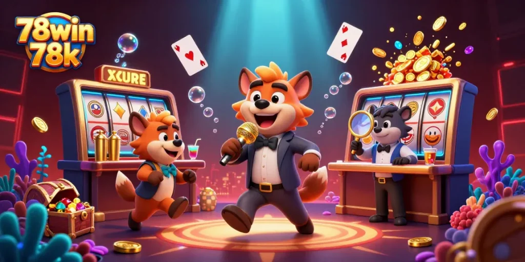 Experience the vibrant energy of the 78win 78k casino with dynamic hyenas in a lively gaming scene.