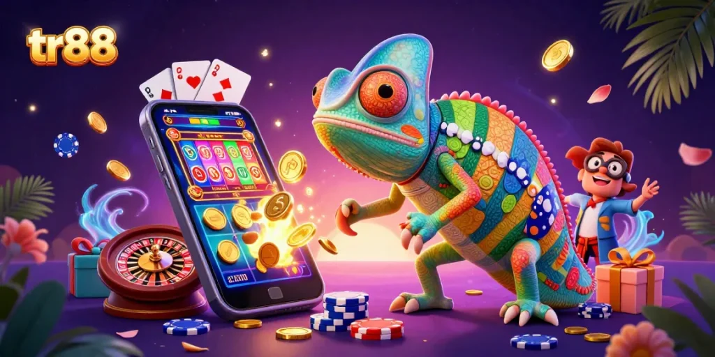 Spin and win with TR88 as colorful coins erupt from a smartphone, showcasing vibrant casino elements.