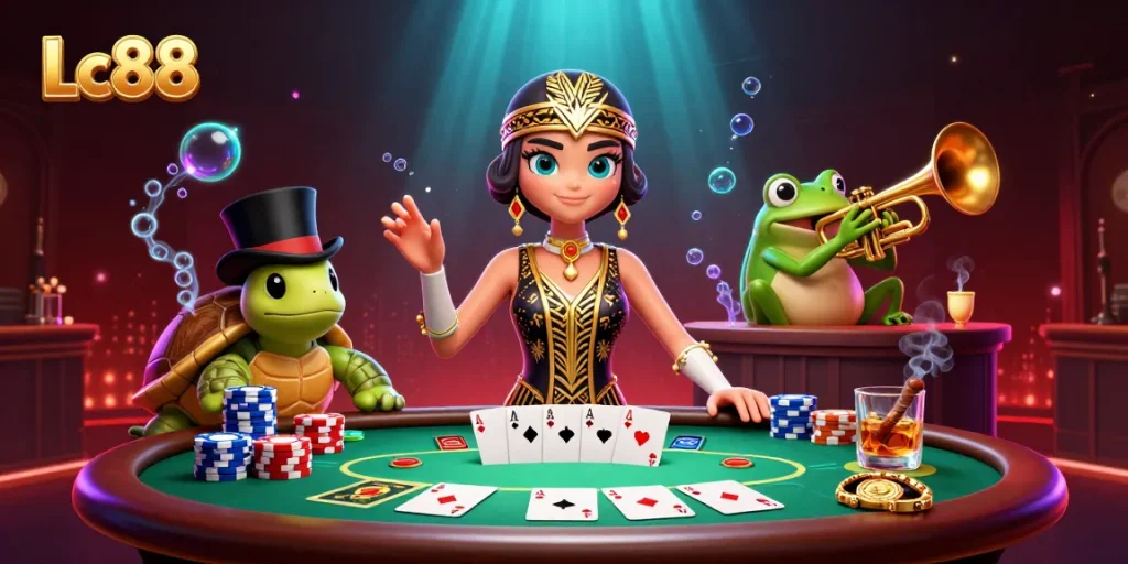 Experience Lc88's vibrant casino atmosphere with animated characters and gambling excitement.