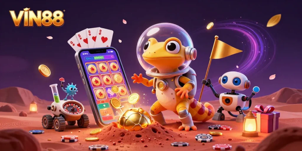 VIN88 Martian gecko discovers a golden casino in a vibrant 3D illustration packed with casino elements.