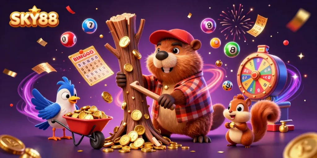 SKY88 features a vibrant cartoon casino scene with a lumberjack beaver raining coins, promoting excitement.