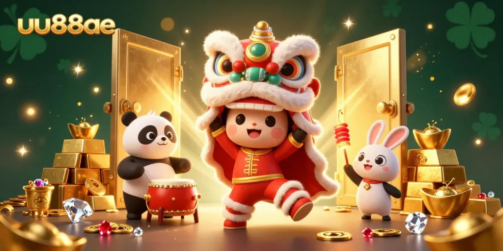 Experience winning thrills with uu88ae in this vibrant casino scene featuring a lively lion dance.