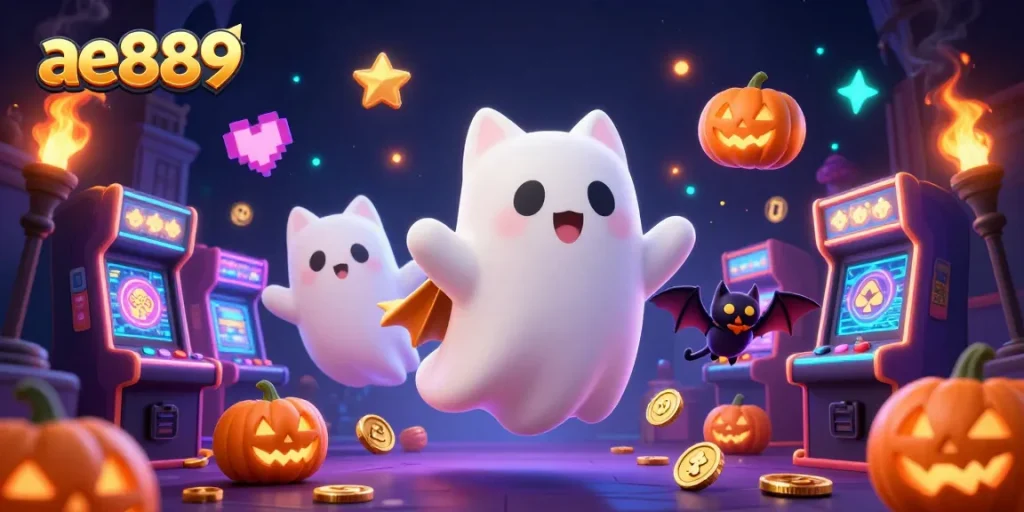 Engage with the thrilling world of ae889 as a ghost cat navigates a haunted casino filled with vibrant gaming icons.