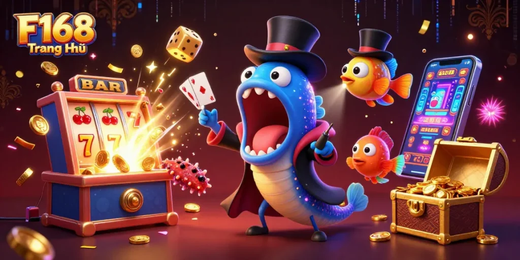 F168 Trang Chủ showcases an enchanting casino scene with vibrant characters and exciting gaming elements.