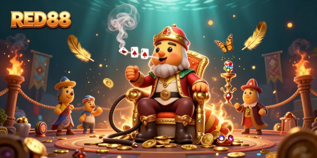 Join the vibrant RED88 experience with a whimsical casino-themed illustration featuring a caterpillar hookah-master.