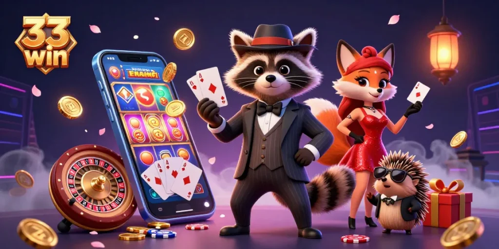 Experience the thrill of 33 win with a raccoon in a royal flush hand, bright casino elements, and vivid action.