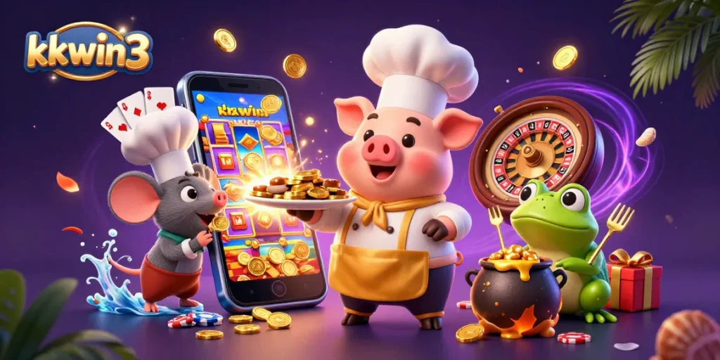 Experience exciting gameplay at kkwin3 with a chef pig serving gold coins in a vibrant casino scene.