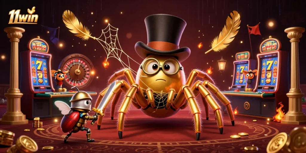 Join the thrilling action at 11win with a giant tarantula and beetle knight in a vibrant casino scene.