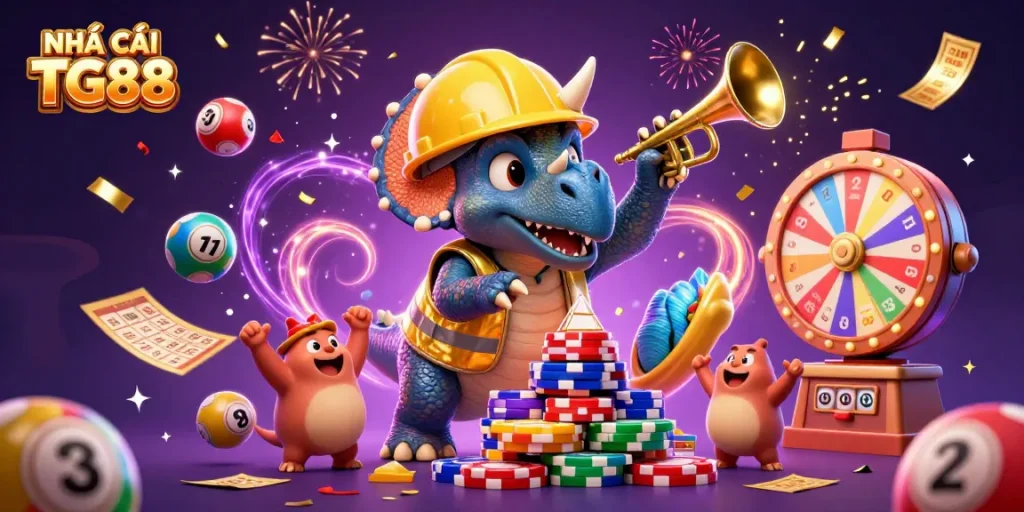 Engage with NHÀ CÁI TG88 in this vibrant 3D illustration celebrating winning moments in the casino.