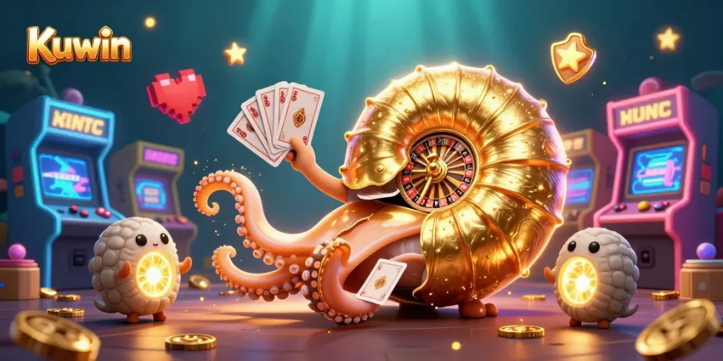 Kuwin offers an exciting gaming experience with a stunning 3D casino illustration of a nautilus roulette wheel and glowing game elements.