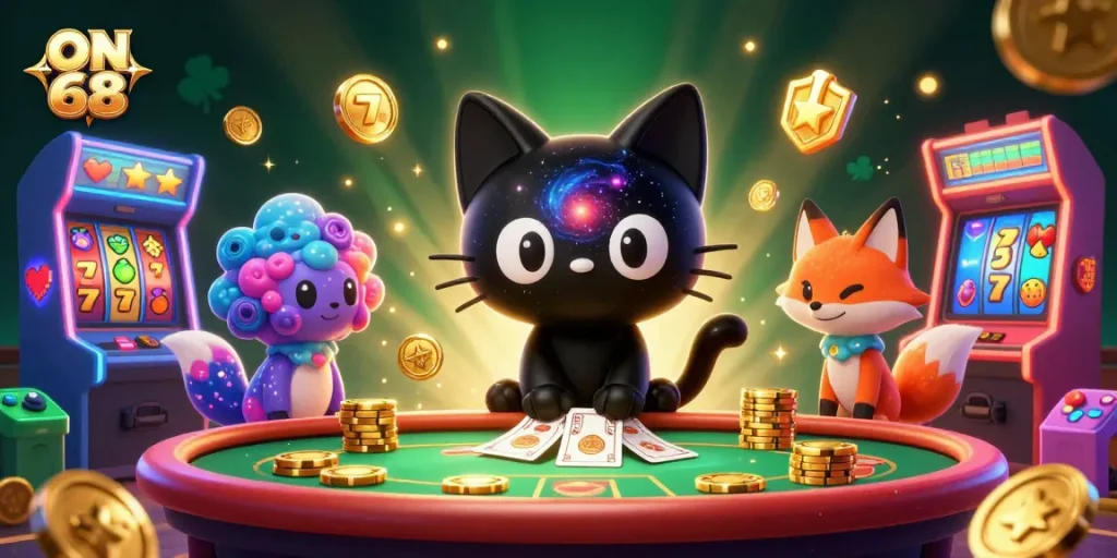 ON 68 cat and fox charm a cosmic casino with vibrant slot games and golden chips.
